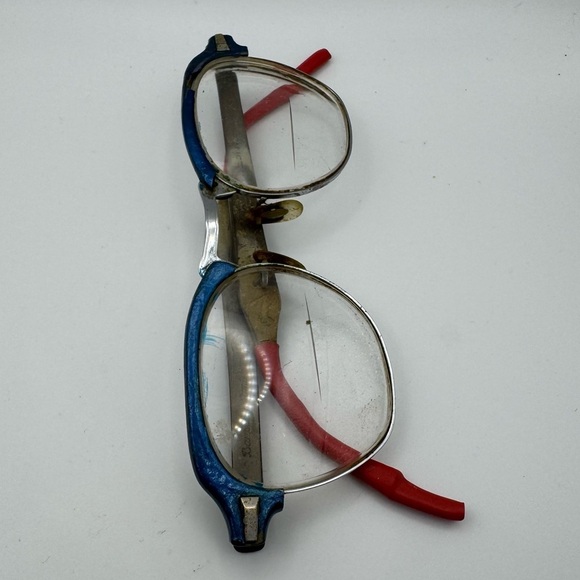 Unique Metal Bi Focals Red Plastic Tipped Arms Blue Run Detail Rare Vintage 50s - Picture 3 of 7